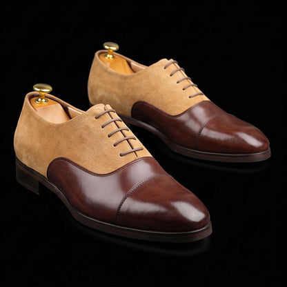Lecco Brown-Beige Suede Leather Cap Toe Dress Shoes