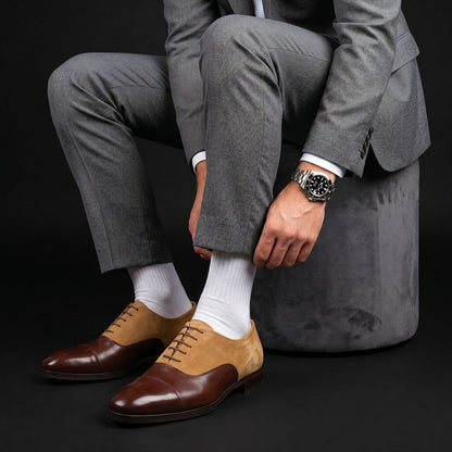 Lecco Brown-Beige Suede Leather Cap Toe Dress Shoes