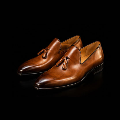 Pontedera Brown Leather Chaplin Tassel Loafers