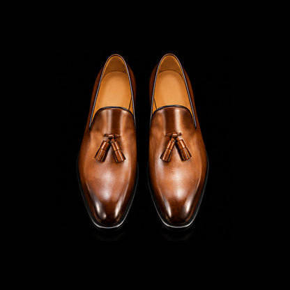 Pontedera Brown Leather Chaplin Tassel Loafers