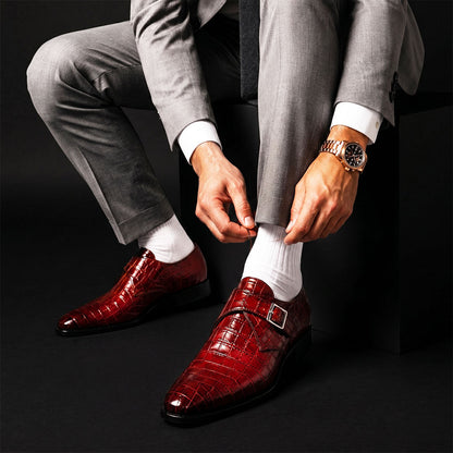 Siracusa Brown Patina Alligator Leather Monk Buckle Shoes