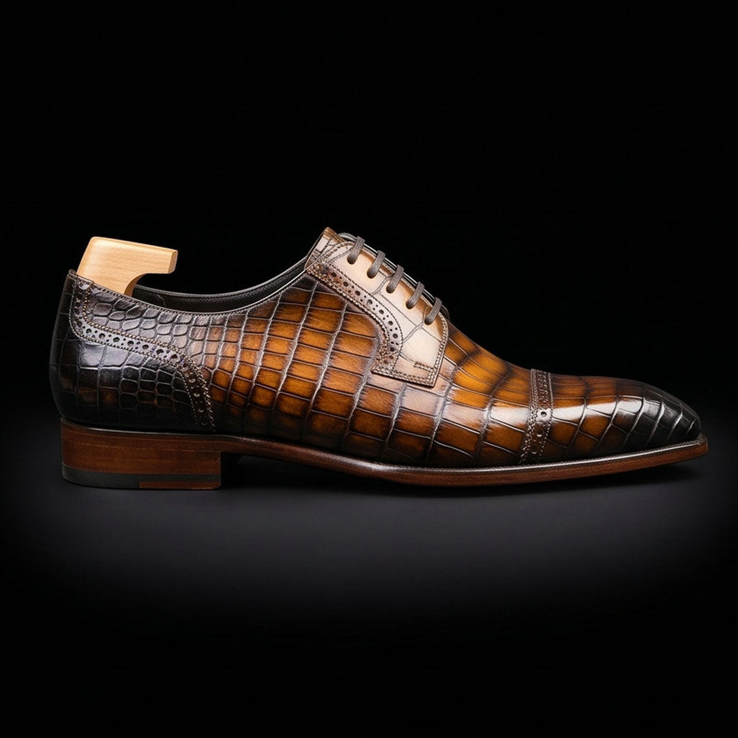 Taranto Brown Patina Alligator Leather Oxford Shoes