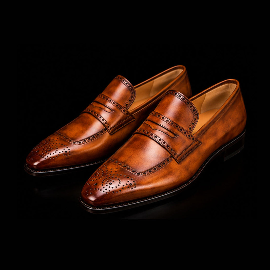 Isernia Brown Patina Leather Brogue Penny Loafers