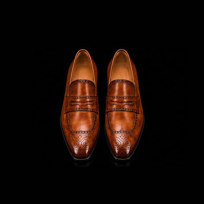 Isernia Brown Patina Leather Brogue Penny Loafers