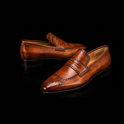 Isernia Brown Patina Leather Brogue Penny Loafers