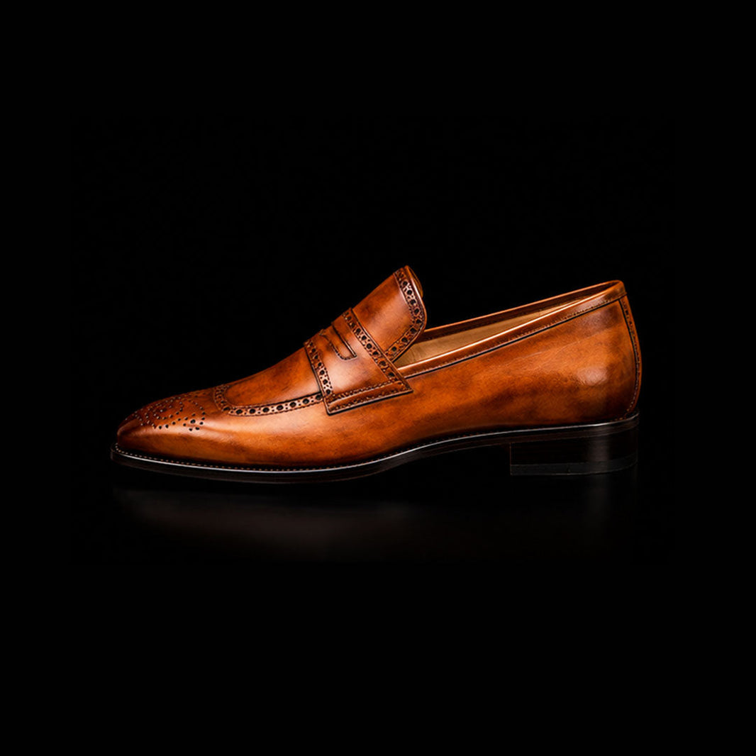 Isernia Brown Patina Leather Brogue Penny Loafers