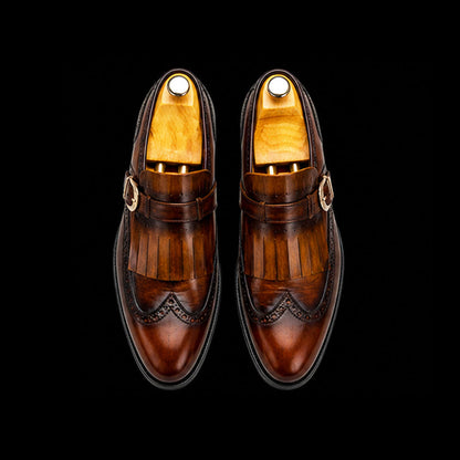 Ivrea Brown Patina Leather Fringed Wingtip Shoes
