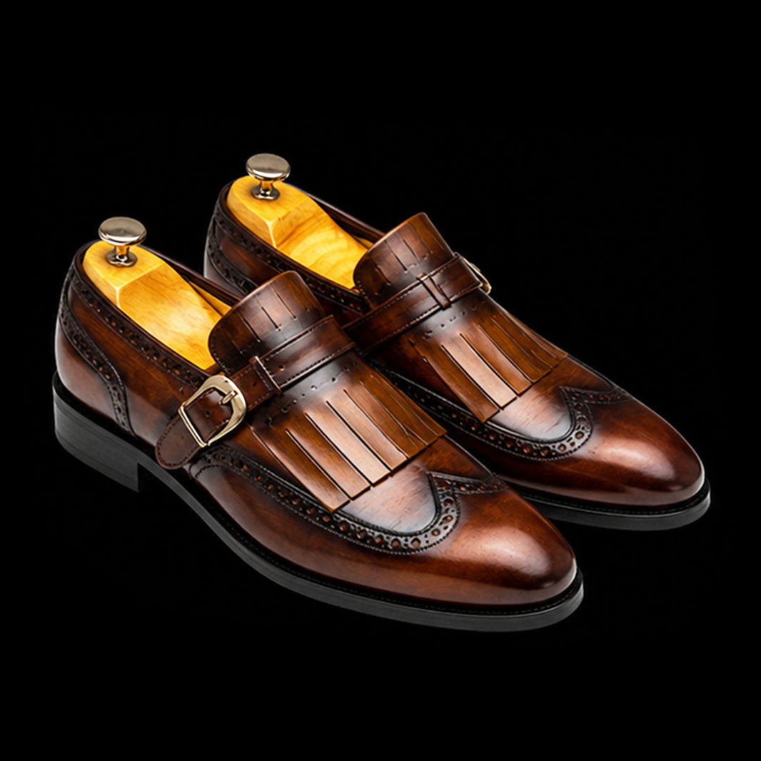 Ivrea Brown Patina Leather Fringed Wingtip Shoes