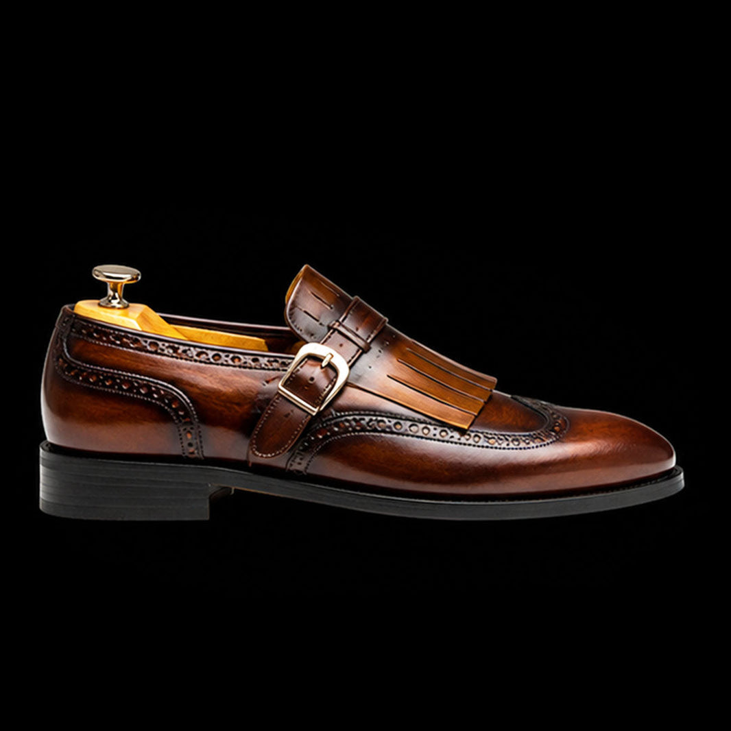 Ivrea Brown Patina Leather Fringed Wingtip Shoes