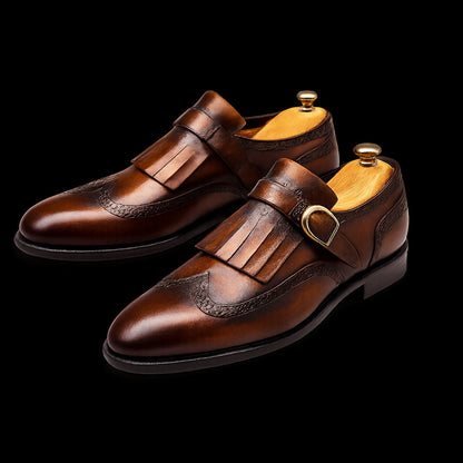 Ivrea Brown Patina Leather Fringed Wingtip Shoes