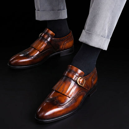 Ivrea Brown Patina Leather Fringed Wingtip Shoes