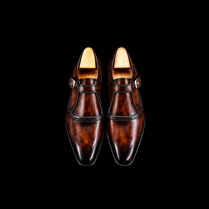 Cremona Brown Patina Leather Monk Buckle Loafers