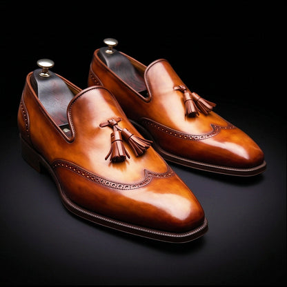 Caserta Brown Patina Leather Wingtip Oxford Tassel Loafers