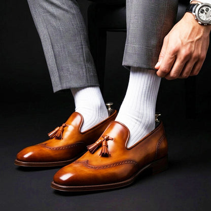 Caserta Brown Patina Leather Wingtip Oxford Tassel Loafers