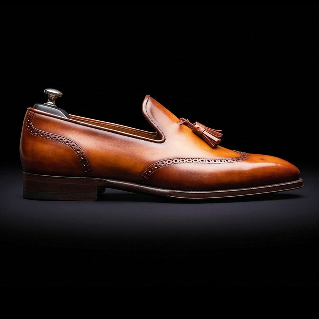 Caserta Brown Patina Leather Wingtip Oxford Tassel Loafers