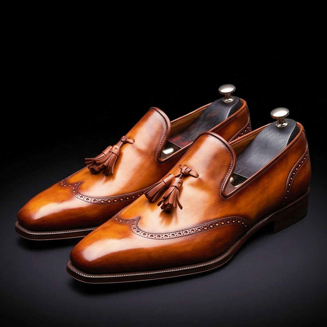 Caserta Brown Patina Leather Wingtip Oxford Tassel Loafers