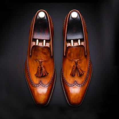 Caserta Brown Patina Leather Wingtip Oxford Tassel Loafers