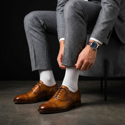 Viterbo Brown Royal Patina Leather Oxford Brogue Dress Shoes