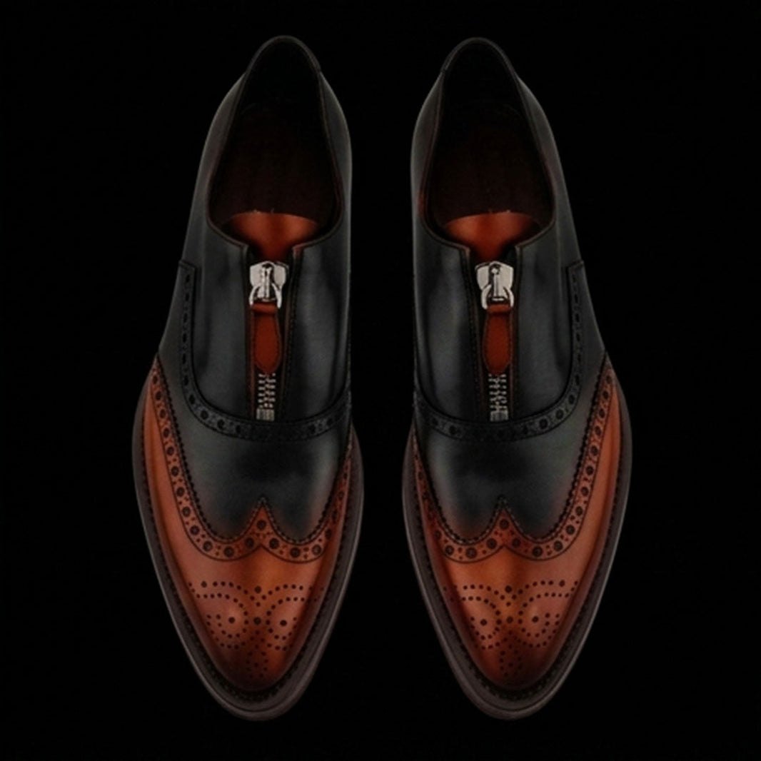 Busto Arsizio Brown & Black Leather Wingtip Zipper Shoes
