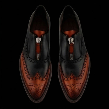 Busto Arsizio Brown & Black Leather Wingtip Zipper Shoes
