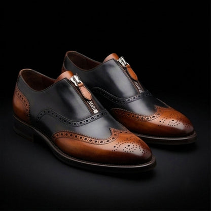 Busto Arsizio Brown & Black Leather Wingtip Zipper Shoes
