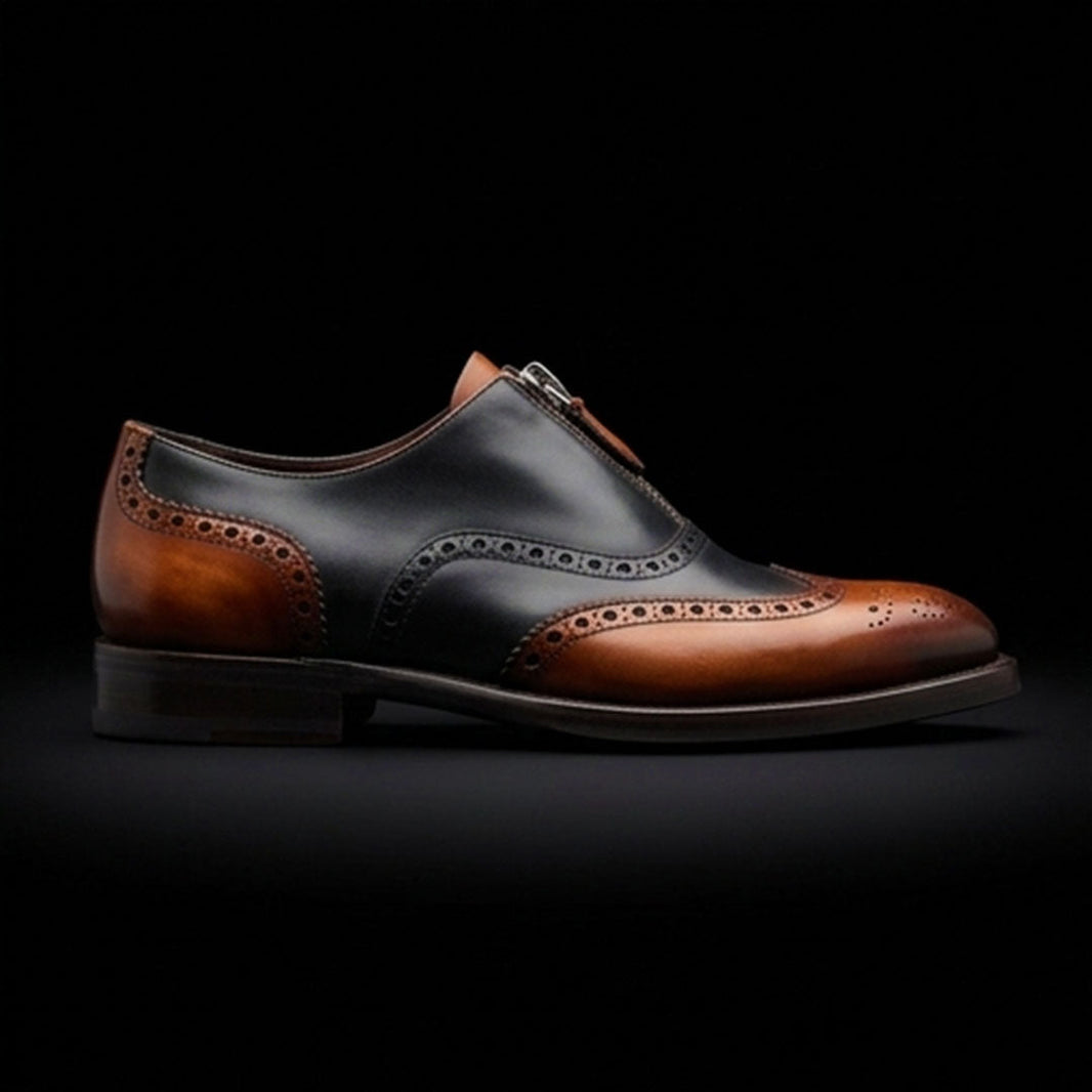 Busto Arsizio Brown & Black Leather Wingtip Zipper Shoes