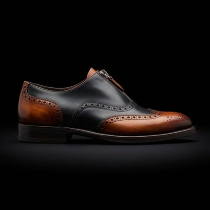 Busto Arsizio Brown & Black Leather Wingtip Zipper Shoes