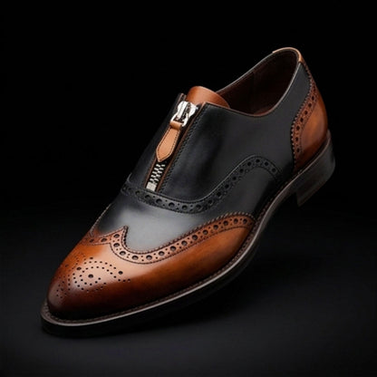 Busto Arsizio Brown & Black Leather Wingtip Zipper Shoes