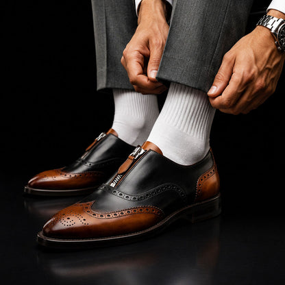 Busto Arsizio Brown & Black Leather Wingtip Zipper Shoes