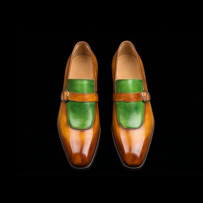 Abbiategrasso Brown & Green Leather Monk Buckle Dress Loafers