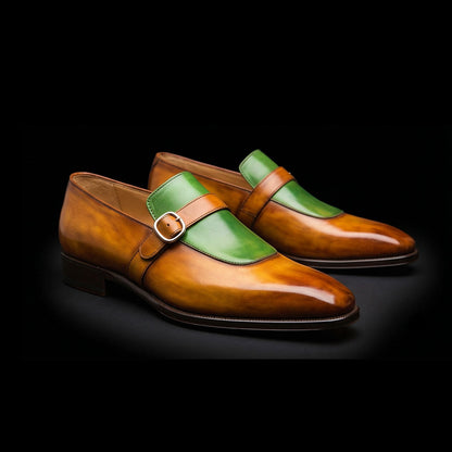 Abbiategrasso Brown & Green Leather Monk Buckle Dress Loafers