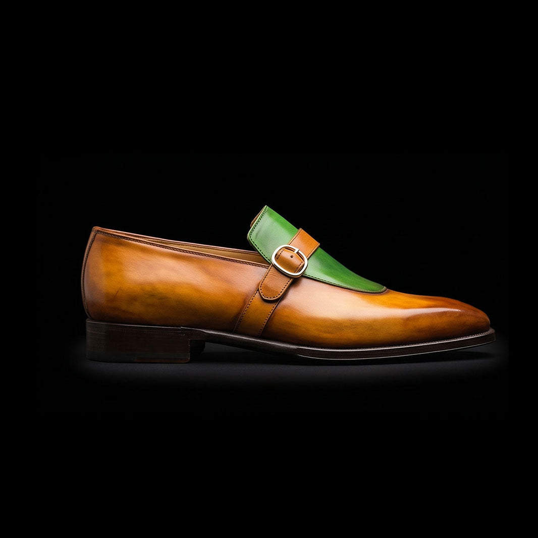 Abbiategrasso Brown & Green Leather Monk Buckle Dress Loafers