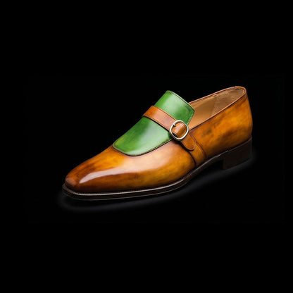 Abbiategrasso Brown & Green Leather Monk Buckle Dress Loafers