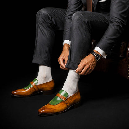 Abbiategrasso Brown & Green Leather Monk Buckle Dress Loafers