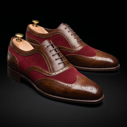 Prato Brown & Maroon Suede Leather Wingtip Oxford Shoes