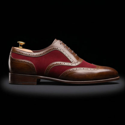 Prato Brown & Maroon Suede Leather Wingtip Oxford Shoes