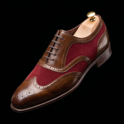 Prato Brown & Maroon Suede Leather Wingtip Oxford Shoes