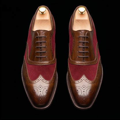 Prato Brown & Maroon Suede Leather Wingtip Oxford Shoes