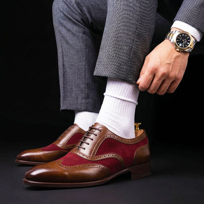 Prato Brown & Maroon Suede Leather Wingtip Oxford Shoes
