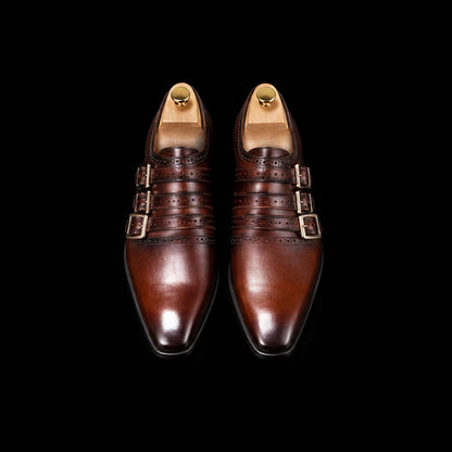 Iseo Dark Brown Patina Leather Triple Monk Shoes