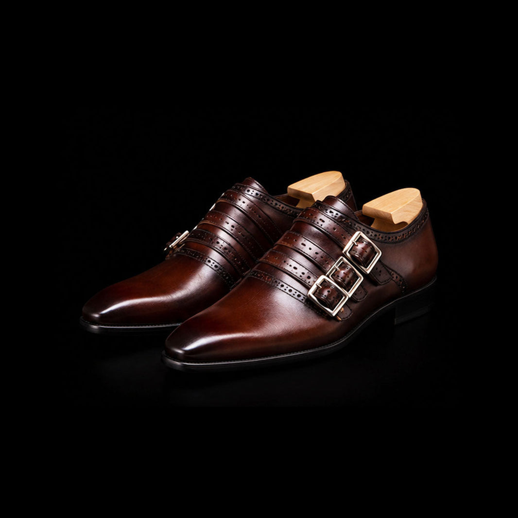 Iseo Dark Brown Patina Leather Triple Monk Shoes