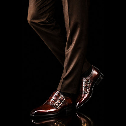 Iseo Dark Brown Patina Leather Triple Monk Shoes