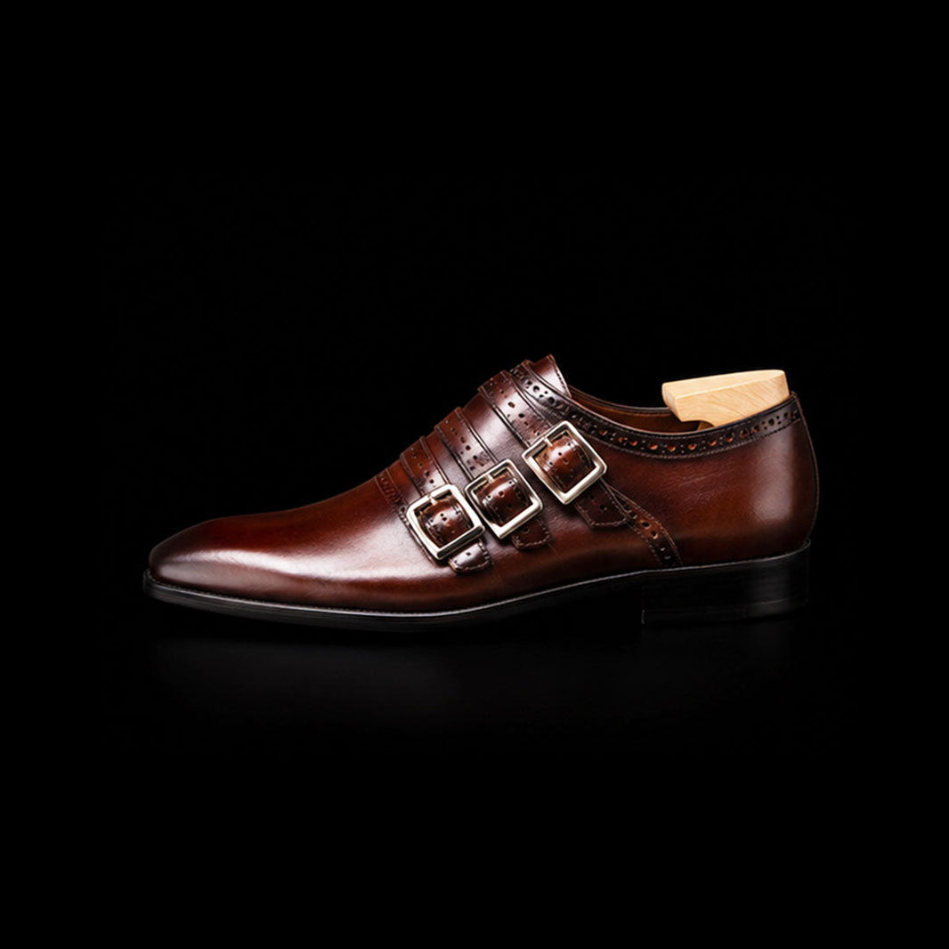 Iseo Dark Brown Patina Leather Triple Monk Shoes