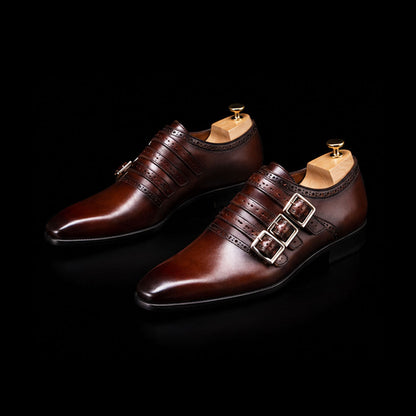 Iseo Dark Brown Patina Leather Triple Monk Shoes