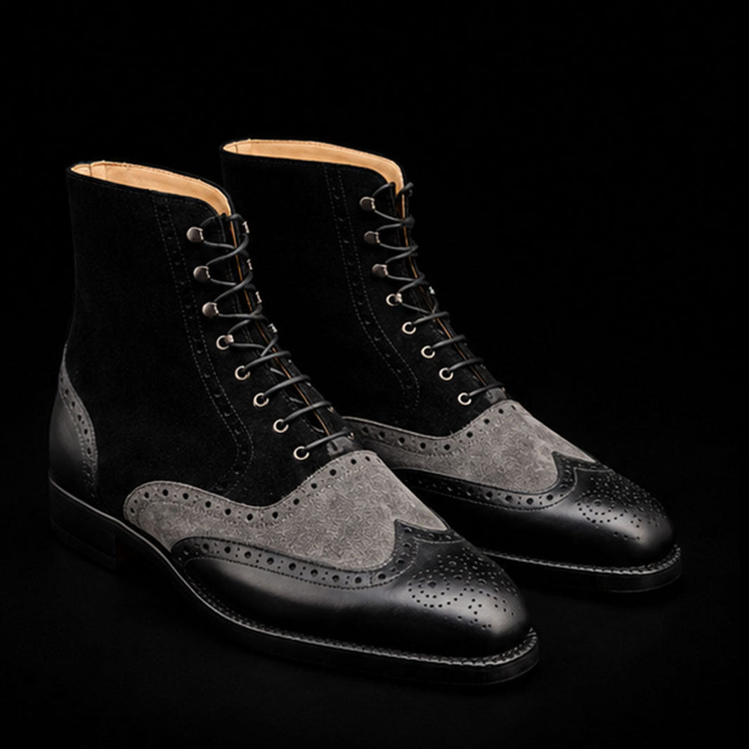 Soave Grey & Black Suede Leather Wingtip Boots