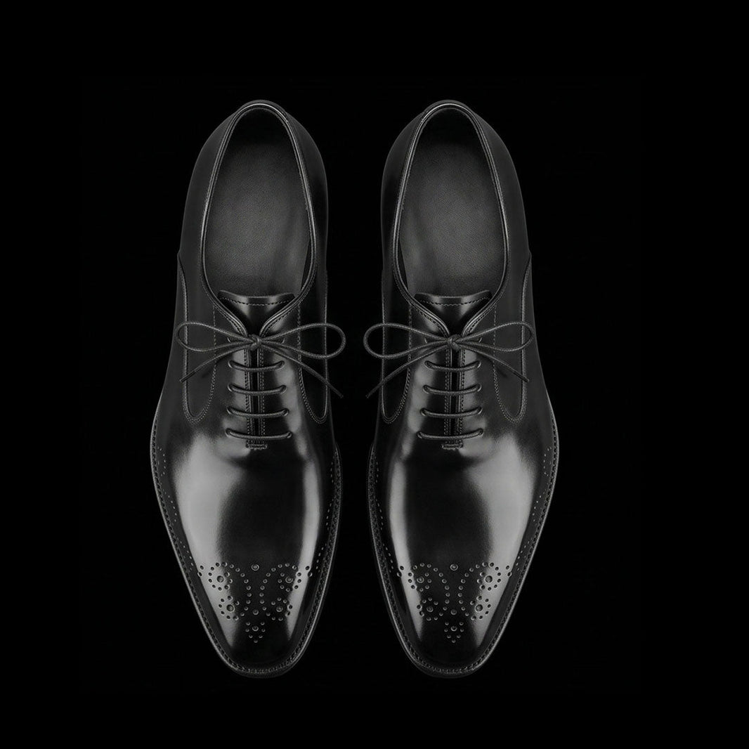 Livorno Black Leather Medallion Toe Shoes