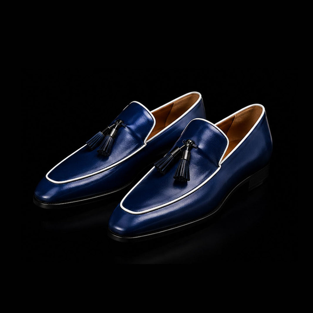 Aquila Navy Blue Leather Tasseled Moccasin Loafers