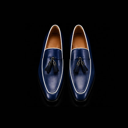 Aquila Navy Blue Leather Tasseled Moccasin Loafers
