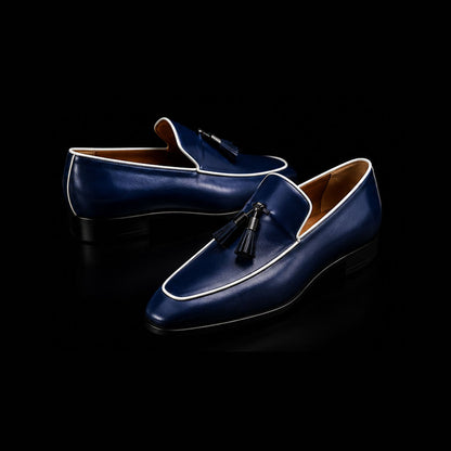 Aquila Navy Blue Leather Tasseled Moccasin Loafers