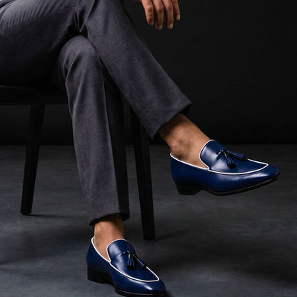 Aquila Navy Blue Leather Tasseled Moccasin Loafers